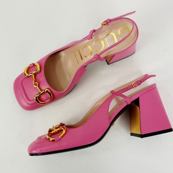 Gucci Pink Leather Square Toe Horsebit Chunky Heel Slingback Pumps NEW Size 38 - Picture 1 of 7